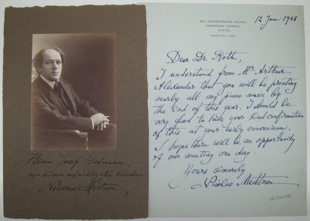 MEDTNER, NIKOLAI. Two items: Photograph Signed and Inscribed, to pianist Josef Hofmann * Autograph Letter Signed, to Dear Dr. Roth.